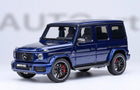 1:18 scale blue Mercedes AMG G-Class diecast model car with black wheels and red brake calipers