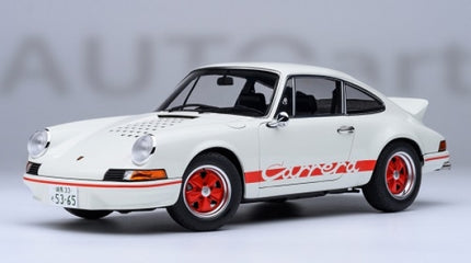 1:18 scale white Porsche Carrera diecast model car with red detailing and classic design