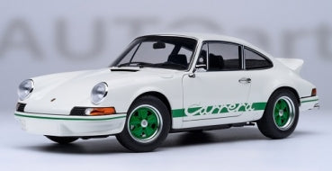 1:18 scale diecast model of classic white Porsche 911 Carrera with green accents