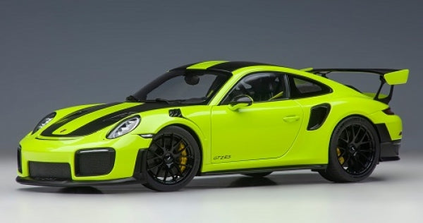 1:18 scale diecast lime green Porsche GT2 RS model car with black accents and rear wing