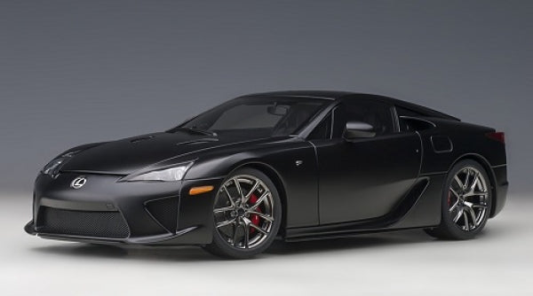 Black diecast Lexus LFA model car in 1:18 scale with detailed exterior and sport rims.