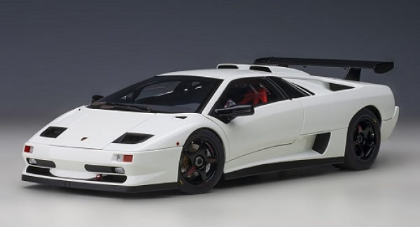 White diecast Lamborghini Diablo model car with black wheels and rear spoiler, 1:18 scale