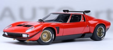 Red diecast model car 1:18 scale, classic sports coupe with gold wheels and black details