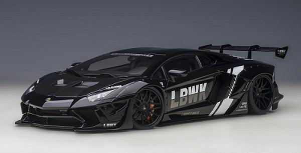 Black diecast model supercar with LBWK livery, rear spoiler, and detailed wheels