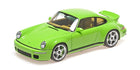 Green diecast model car in 1:18 scale with rear spoiler and silver wheels on white background