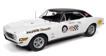1:18 scale white classic Chevrolet Camaro diecast model car with racing decals and black roof