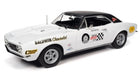 1:18 scale diecast model car, white classic Chevrolet Camaro with racing decals and black roof