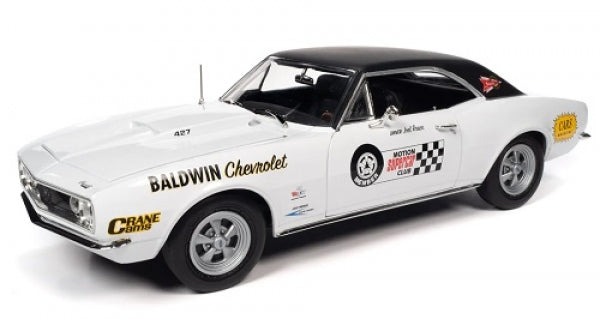 1:18 scale diecast model car, white classic Chevrolet Camaro with racing decals and black roof