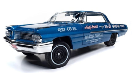 Blue diecast classic Pontiac model car with white racing decals, 1:18 scale collectible.