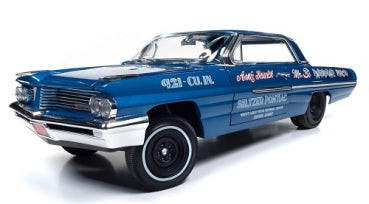 Blue diecast model car in 1:18 scale with racing decals and chrome details, side view