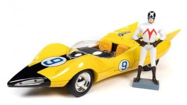Yellow diecast model race car with number 9 and figurine in white racing suit