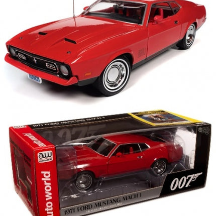 Red 1971 Ford Mustang Mach 1 1:18 scale diecast model car by Auto World, shown with box.