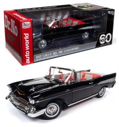 1:18 scale black 1957 Chevy Bel Air Convertible diecast model car with red interior and retail box