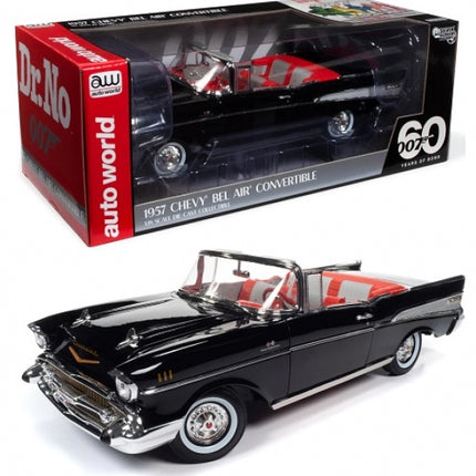 1:18 scale 1957 Chevy Bel Air Convertible diecast model car in black with red interior, boxed.