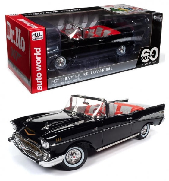 1:18 scale 1957 Chevy Bel Air Convertible diecast model car in black with red interior, boxed.