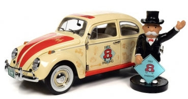1:18 scale diecast Volkswagen Beetle model car with Monopoly Free Parking theme and figurine