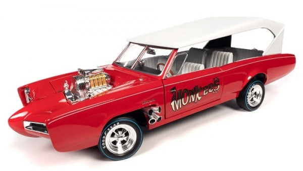 Red diecast model car with exposed engine, custom white roof, and detailed interior