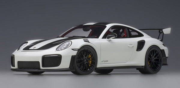1:18 scale white Porsche GT2 RS diecast model car with black stripes and rear wing