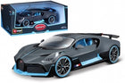 1:18 scale diecast Bugatti model car in grey with blue accents and display box