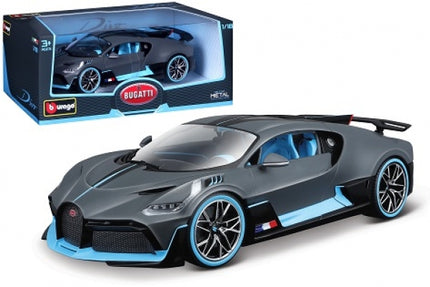 1:18 scale diecast Bugatti Divo model car in grey with blue accents, shown with display box