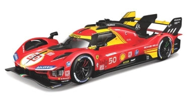 Red 1:18 scale diecast model racing car with yellow accents and detailed sponsor decals