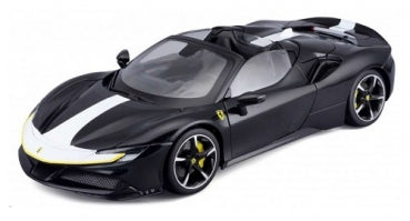1:18 scale black diecast model car with white racing stripe and yellow accents