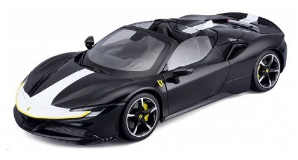 Black diecast Ferrari model car 1:18 scale with white stripes, convertible design, yellow accents