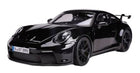 Black diecast model sports car with rear spoiler, detailed headlights and alloy wheels