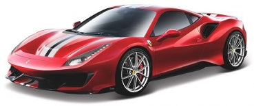 Red diecast model sports car with racing stripe, 1:18 scale, detailed exterior features