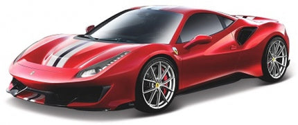 Red diecast Ferrari model car with silver stripes, 1:18 scale, detailed wheels and sleek design