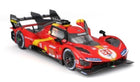 Red Ferrari race car diecast model with yellow accents and detailed sponsor decals