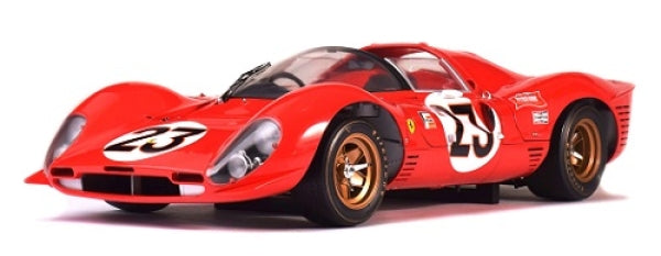 Red diecast model race car with number 23, gold wheels, 1:18 scale, on white background