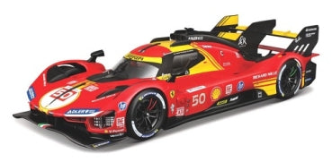 Red and yellow diecast race car model with number 50, detailed sponsor decals, aerodynamic design