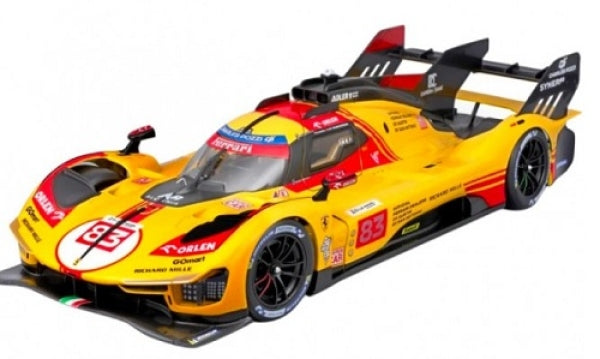 Yellow and red diecast race car model with number 83, detailed livery, 1:18 scale.