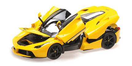 Yellow diecast model sports car 1:18 scale with open doors, hood, and trunk