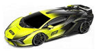 1:18 scale diecast model car, black and yellow sports car with number 63 on the hood and sides