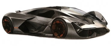 Diecast model car, matte black futuristic sports car, 1:18 scale, detailed design