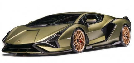 Olive green diecast Lamborghini model car with gold rims, 1:18 scale, detailed exterior
