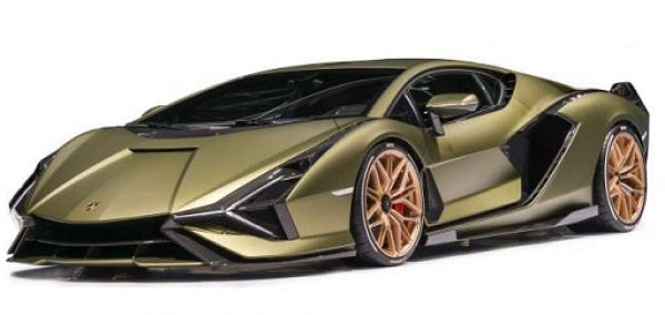 Olive green diecast Lamborghini model car with gold rims, 1:18 scale, detailed exterior