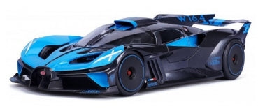 Blue and black diecast model sports car with aerodynamic design and detailed features