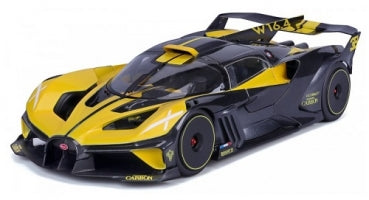 Yellow and black diecast model hypercar with detailed aerodynamic body and racing decals