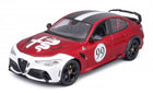 Red and white diecast model car, race number 99, 1:18 scale, sporty detailing