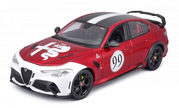Red and white diecast model car, race number 99, 1:18 scale, sporty detailing