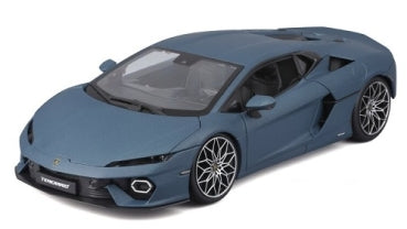 Blue diecast Lamborghini sports car model with detailed rims and sleek body design