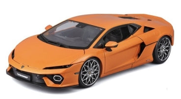 Orange diecast model car in 1:18 scale, detailed sports coupe design, silver wheels