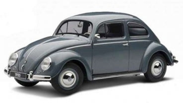 Diecast model car in dark gray, vintage Volkswagen Beetle 1:24 scale, isolated on white
