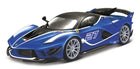 Blue diecast Ferrari model car with racing decals, number 27, and aerodynamic design