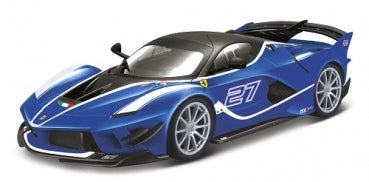 Blue 1:18 scale diecast Ferrari model car with racing graphics and detailed design