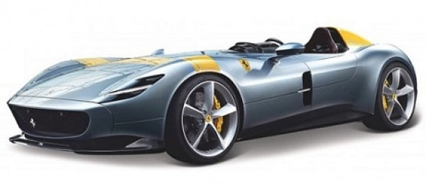 1:18 scale diecast model of a sleek blue Ferrari sports car with yellow accents