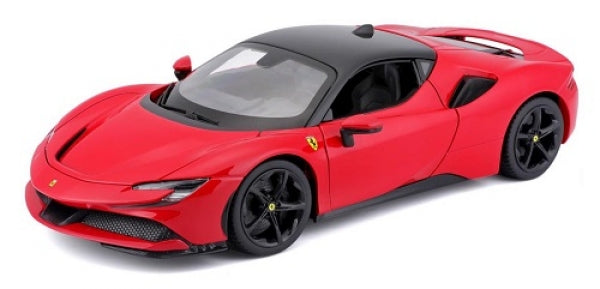Red Ferrari diecast model car with black roof and black wheels, 1:18 scale, side view